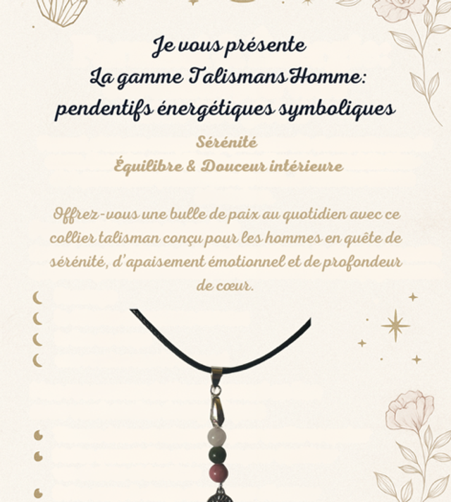collection Talisman Homme :  Collier « Sérénité » – Équilibre &amp; Douceur intérieure (cordon cuir)