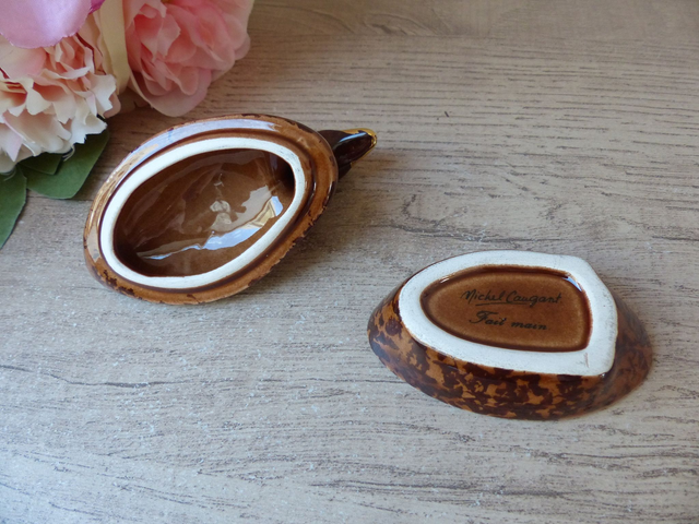 Petite Boite en Forme de Canard Marron et Doré Céramique Michel Caugant, Boite à Bijoux Canard, Vide Poche Canard, Décoration Canard Vintage