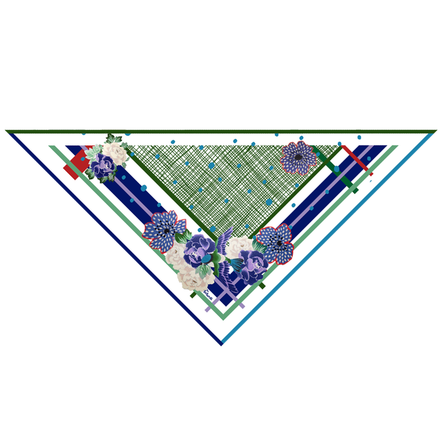 Foulard Châle Mésange et Rayures - Laine, Soie et Cachemire - Bleu Vert