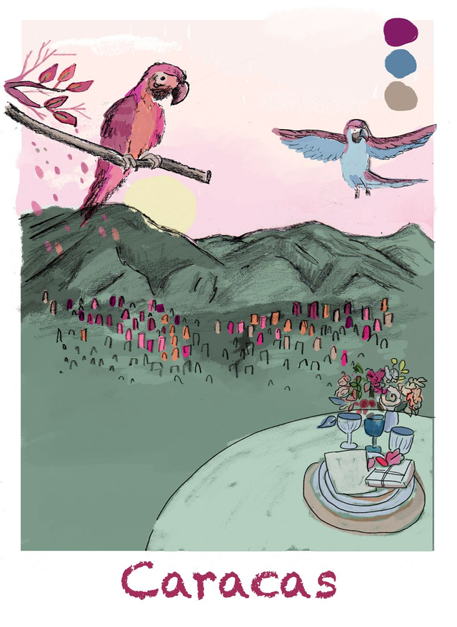 Caracas, cuidad con guacamayas, pájaros coloridos.