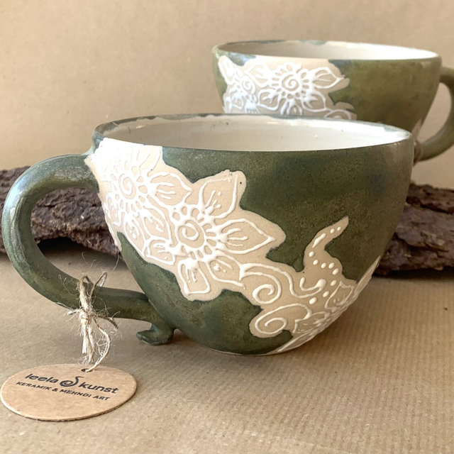 Cappuccino Mugs with White Flower Patterns