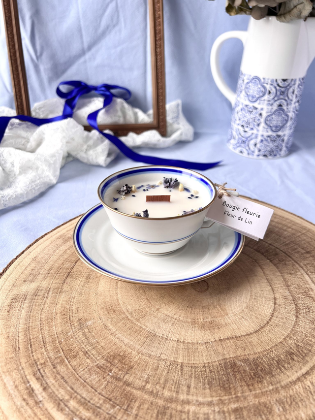 💙 Bougie Fleur de Lin - tasse à thé "double liseré" en porcelaine avec sous tasse