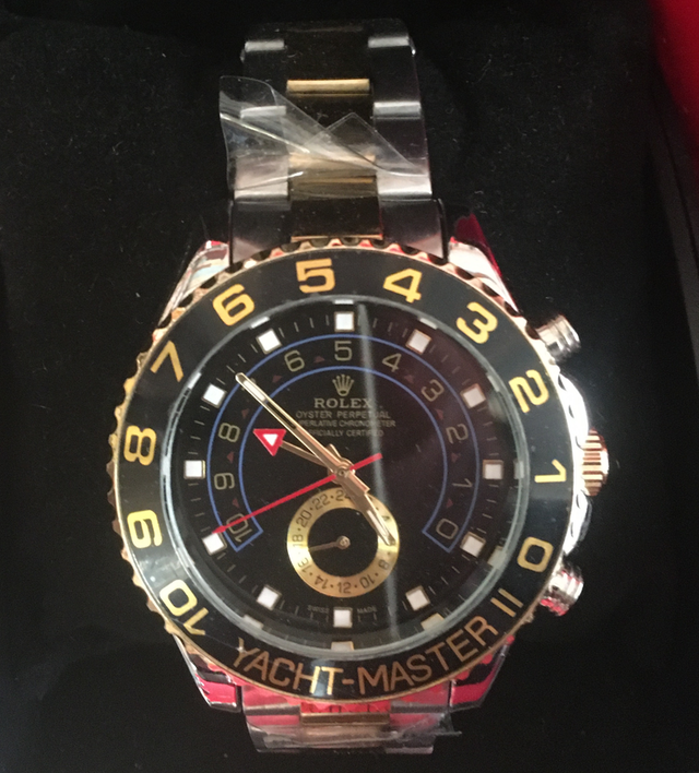 Yachtmaster II Gents Watch with Black Face and Silver and Gold Watchband 