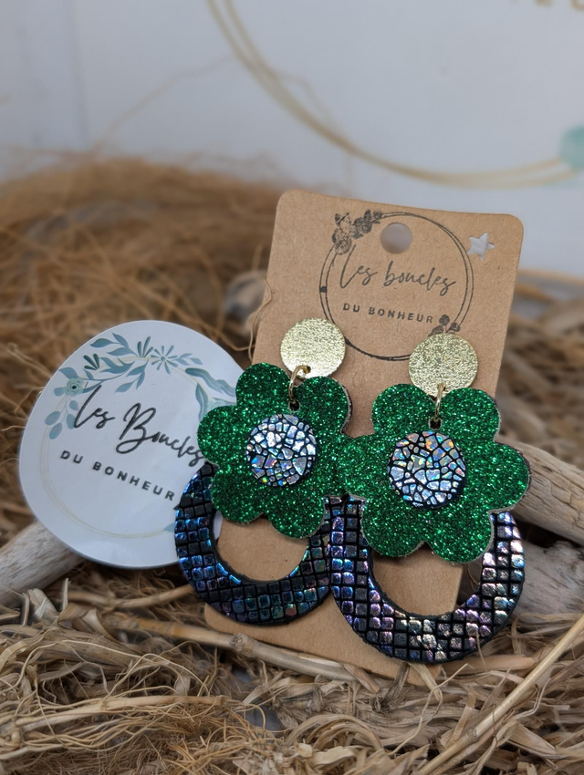 Boucles d'oreilles fleur rétro vert paillettes holographique mo717