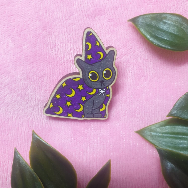 Wizard Cat Wooden Pin Badge 