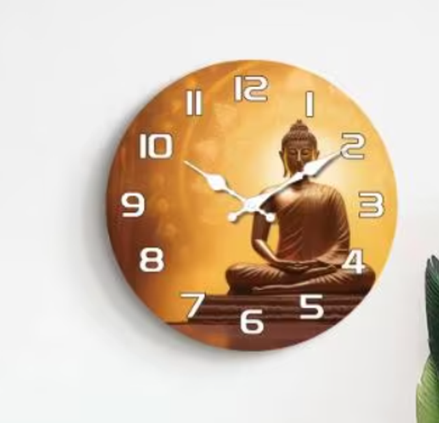 Vintage ronde wandklok van hout - Boeddha design (24cm)