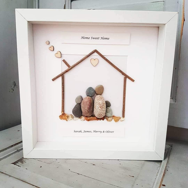Home Sweet Home Family Pebble Picture With Wooden House 