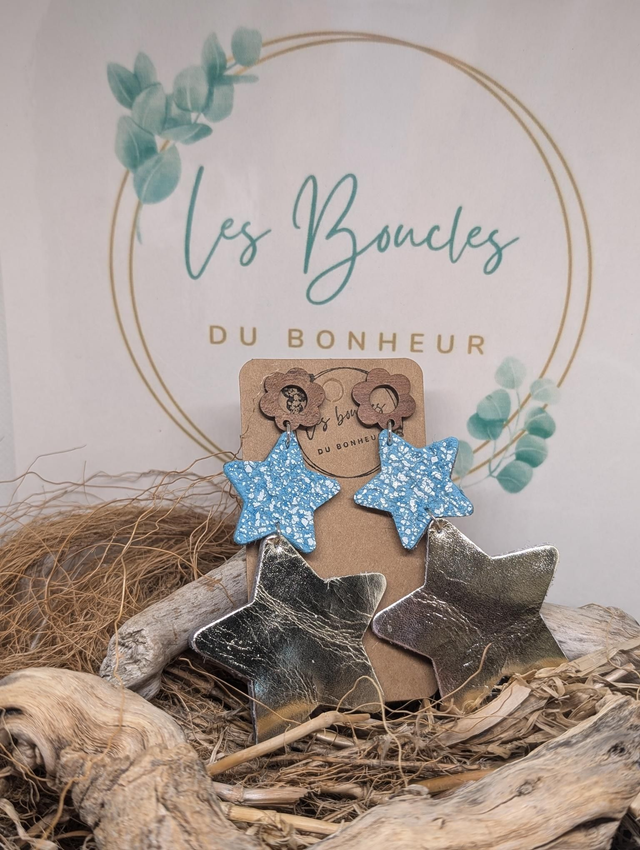 Boucles d&#039;oreilles Double star  bleu argenté ds017
