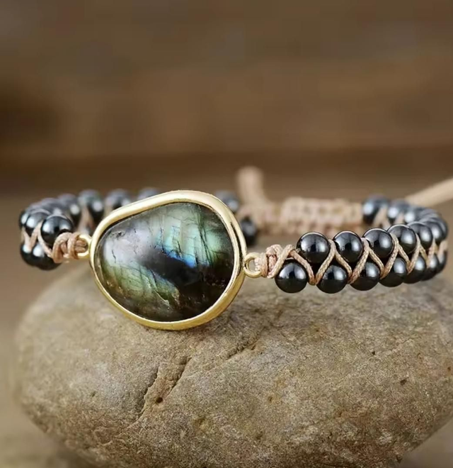Bracelet "Oeil Céleste" en Labradorite et Hématite - protection, sécurité et vitalité - réglable 