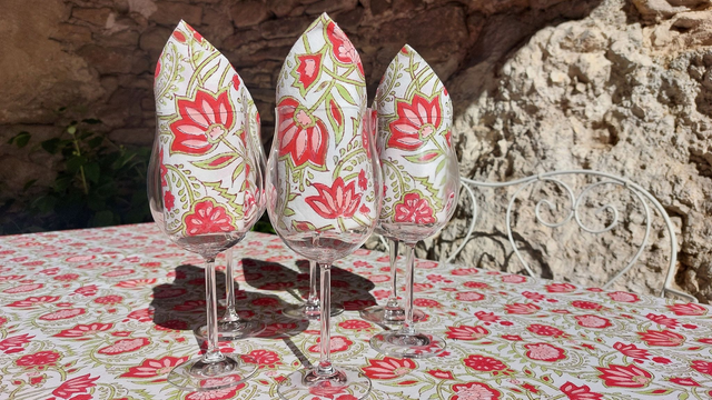 Grande nappe rectangulaire et 6 serviettes imprimées à la main, coton de grande qualité, motif floral rouge, rose et vert