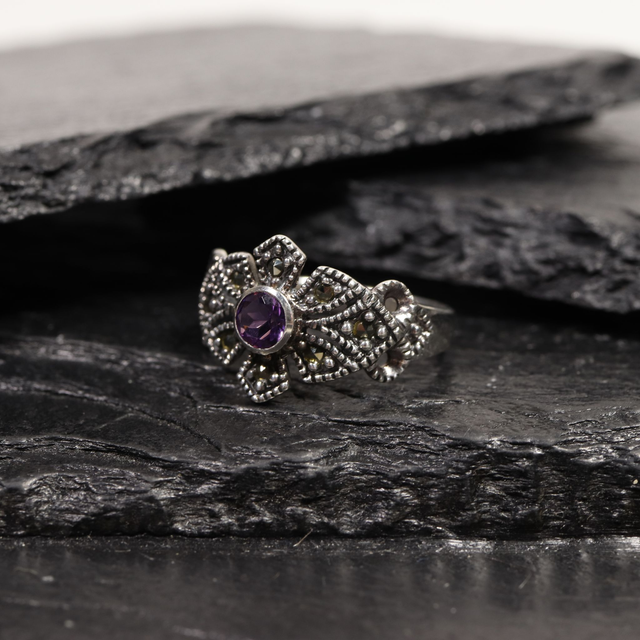 Vintage Sterling Silver 925 Art Deco Style Round Cut Vivid Purple Amethyst With Marcasite Gemstone Shield Design Ring Size O - 7