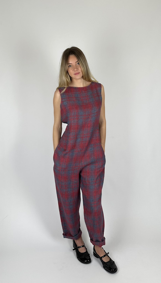 CHECKED LINEN JUMPSUIT