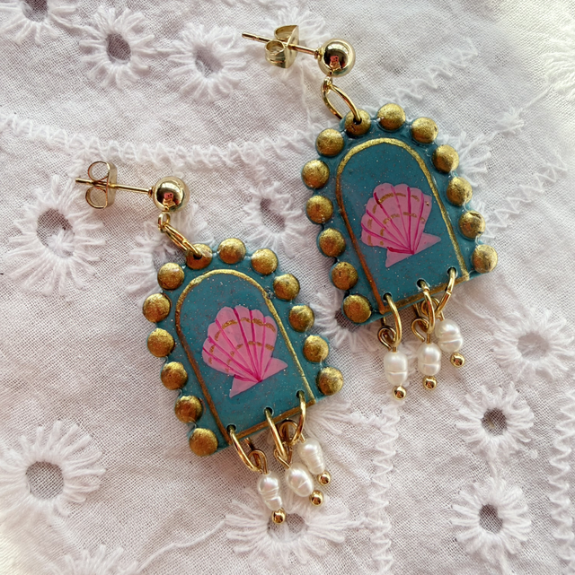 Pink Seashell Teal Glittery Arch Shaped Earrings with Rice Pearls