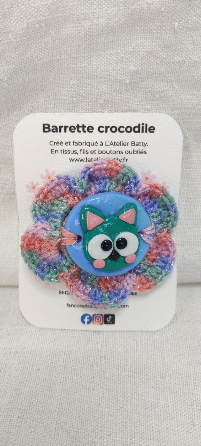 Barrette crocodile Chat Vert et Bleu