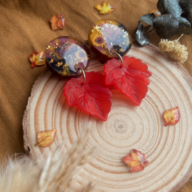 Autumn Sunflower and Leaf Stud Earrings