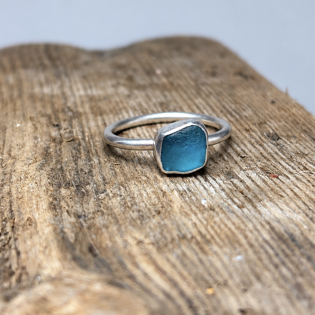 Teal Seaglass &amp; Recycled Silver Ring Size U