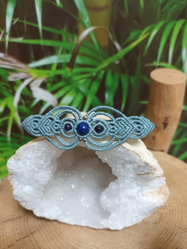 Barrette en micro-macramé, Lapis Lazuli &amp; Améthyste