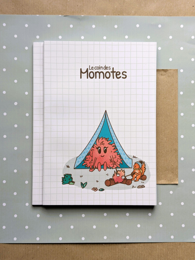 Carnet A5 illustré - Momote en camping fond carreaux verts