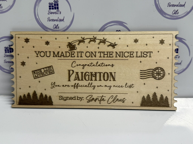 Personalised wooden Santa&#039;s nice list ticket 