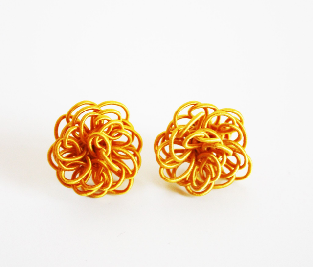 Japanese gold yellow flower earrings, Mizuhiki earrings, Light weight