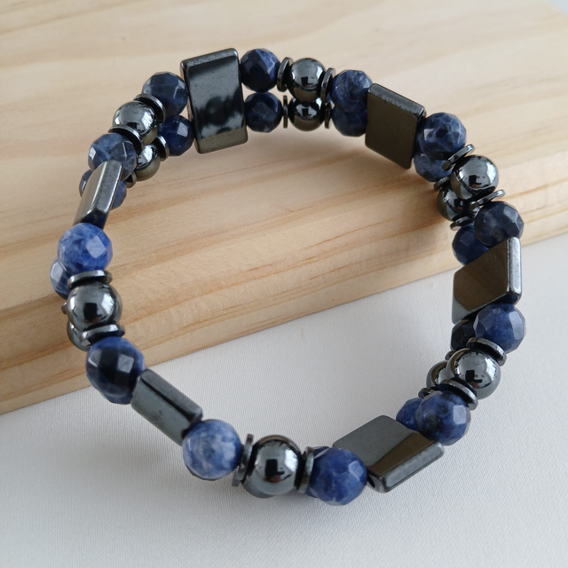 Herenarmband met Sodaliet en Hematiet – Elastisch en stijlvol (2.044)