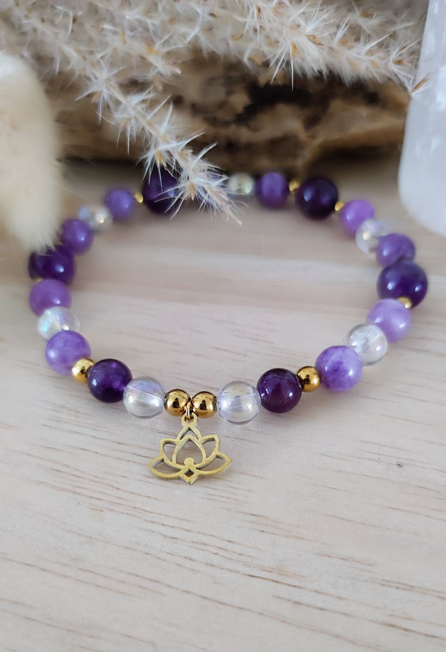 Bracelet "Apaise les pensées négatives" Lépidolite et Améthyste chevron