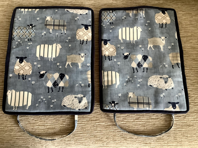 Pair of Rayburn Lid Covers Denim Baa Baa Sheep Print Fabric
