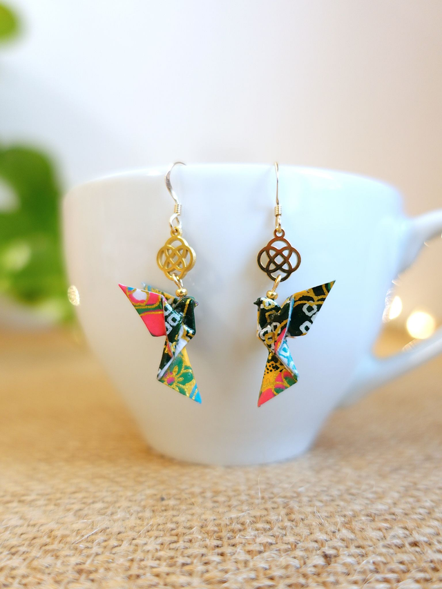 Origami Colombe, oiseau / GOLD FILLED, Or laminé / Boucles d'oreilles / Papier japonais washi / Vert, or / Bijou japonais origami /