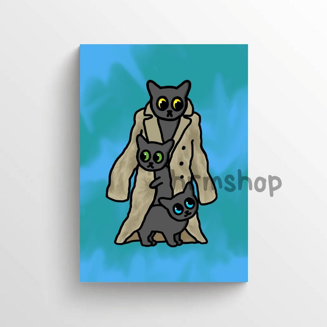Three Cats in a Trench Coat (Blue Background) Art Print 6x4" Unframed 