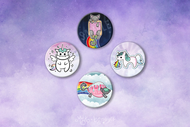 Badge 32mm Nyan Cat l Chat Fraise l Licorne