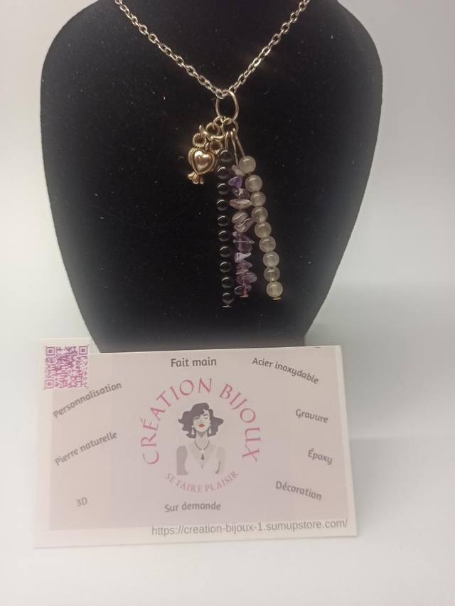 Collier en améthyste, quartz rose, tourmaline 