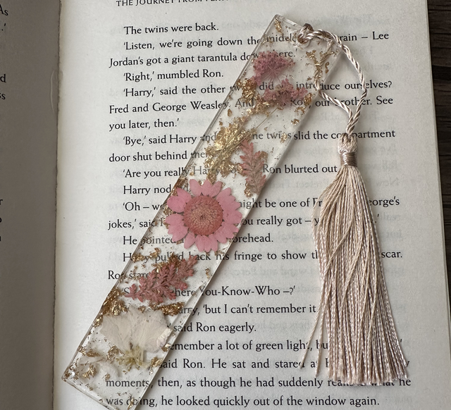 Pink and Copper Floral Resin Bookmark with Tassel