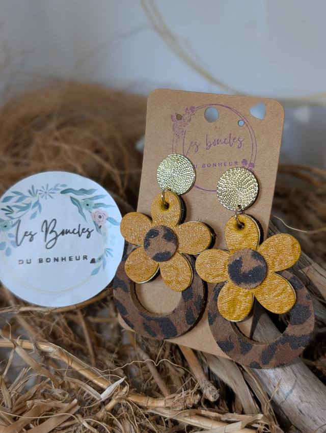 Boucles d'oreilles Baby Marguerite moutarde léopard bm050