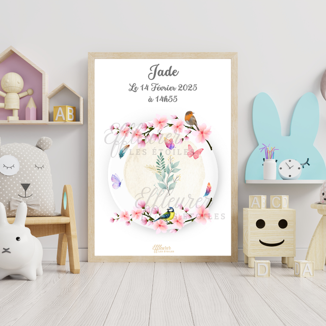 Affiche Bébé - Oiseaux sur cerisier en fleurs