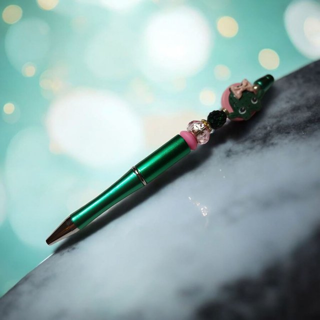 Stylo perles vert rose