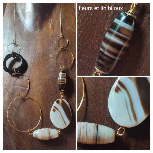 Sautoir cercle en céramique noire et agate ( pierres naturelles) aux reflets de brun, crème, noir, monté sur fil de lin réglable, pièce unique 