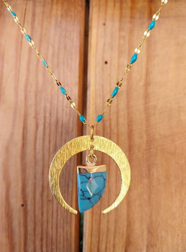 ✨Collier lune et corne turquoise chaine perles émaillées✨