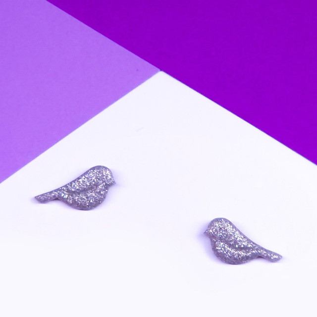 Silver Glitter Bird Studs