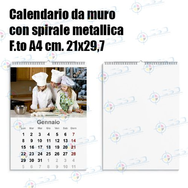 Calendari A4 pronti in sei giorni: spirale, da parete, 170 gr. stampa completamente personalizzata su tutta la superficie cm. 21x29,7 (prezzo con IVA)