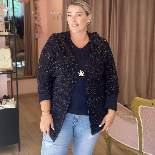 8601-Gilet long brillant avec broche Taille unique du 42 au 52