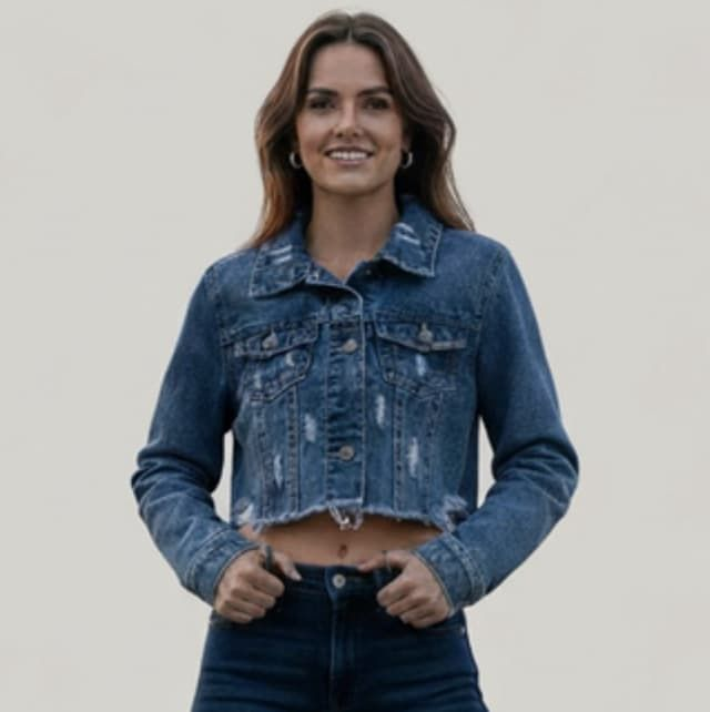 Veste Denim Cropped Style Vintage - Blouson Jean Court à Bords Effilochés