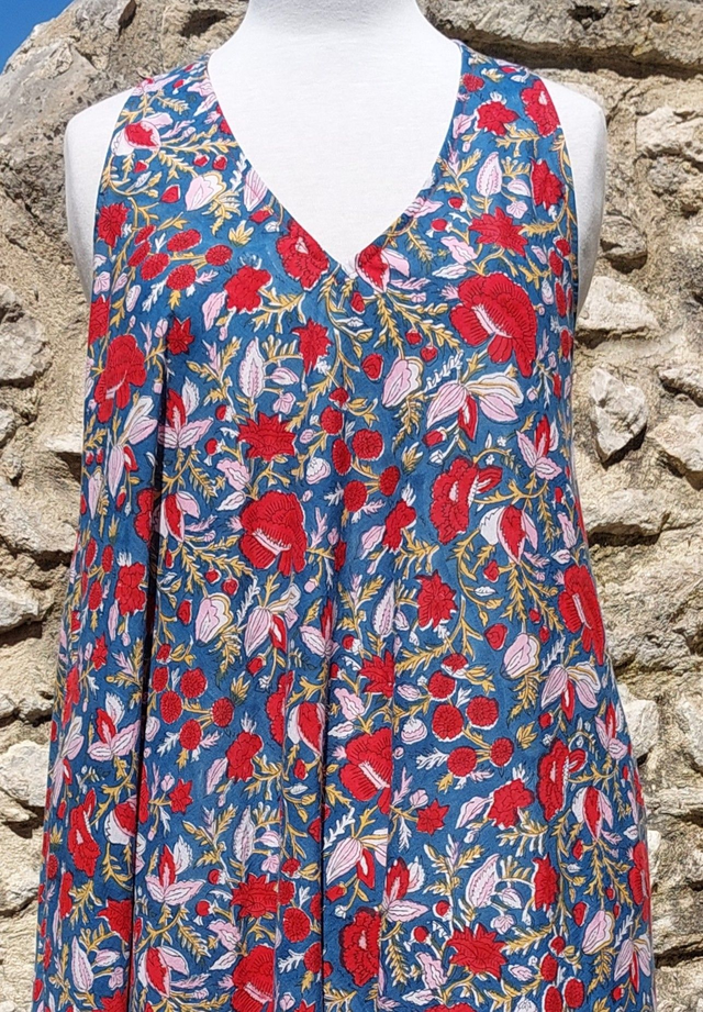 Robe d'été flottante en coton léger imprimé à la main, motif floral rouge, rose, jaune, bleu 