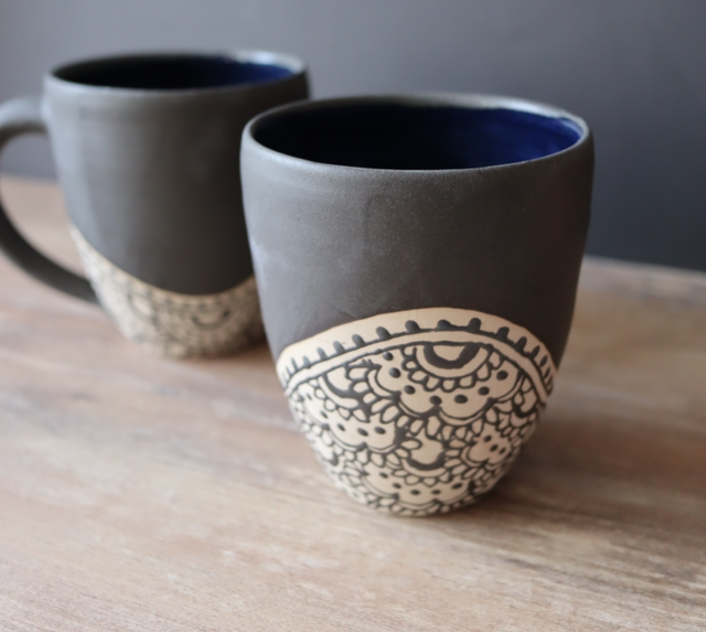 Matt Black Large Mug with Handdrawn Patterns