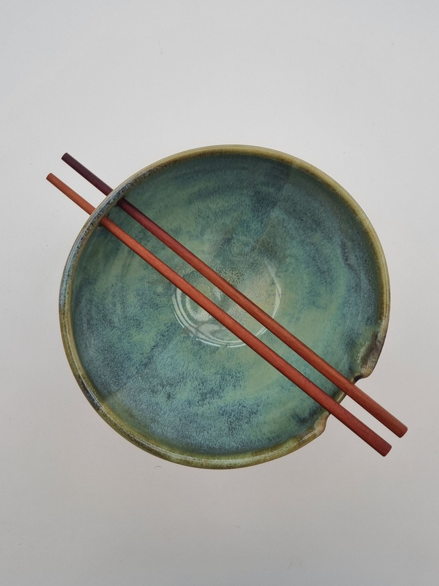 Ramen Bowl in Green Ocean - White Stoneware clay