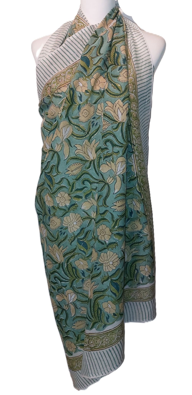 Paréo de plage en coton voile indien imprimé à la main – Motif floral beige et vert – Étole & châle bohème    