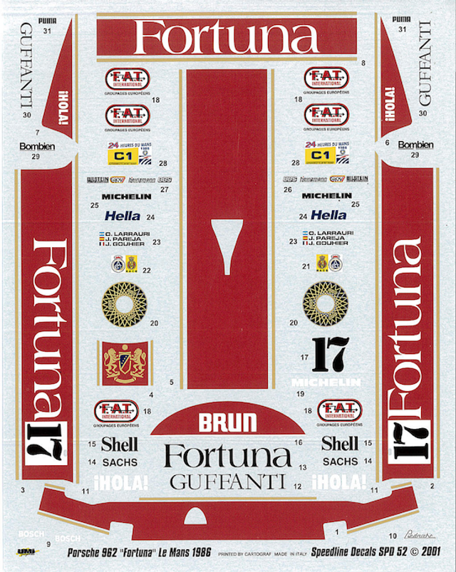 Brun Porsche 962 Fortuna Le Mans 1986 2er 1:24 Decal