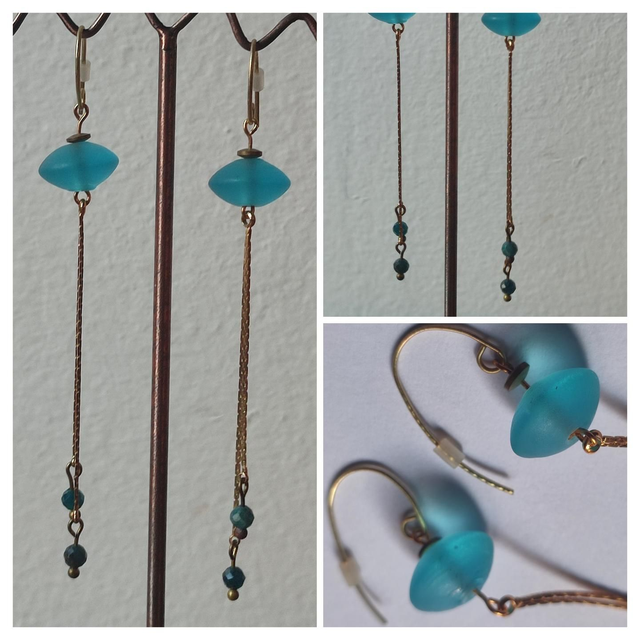 Z-Boucles d&#039;oreilles longues en verre bleu et perles en apatite : pierres naturelles acier inoxydable doré -sans nickel,pièce unique 