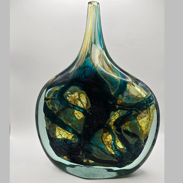 Mdina Ice-Cut Vase in Mottled Green and Yellow, Encased in Clear Glass