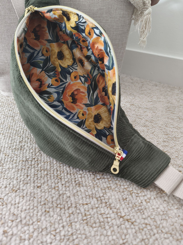 Banane Adulte velours côtelé kaki et fleurs orange/vert