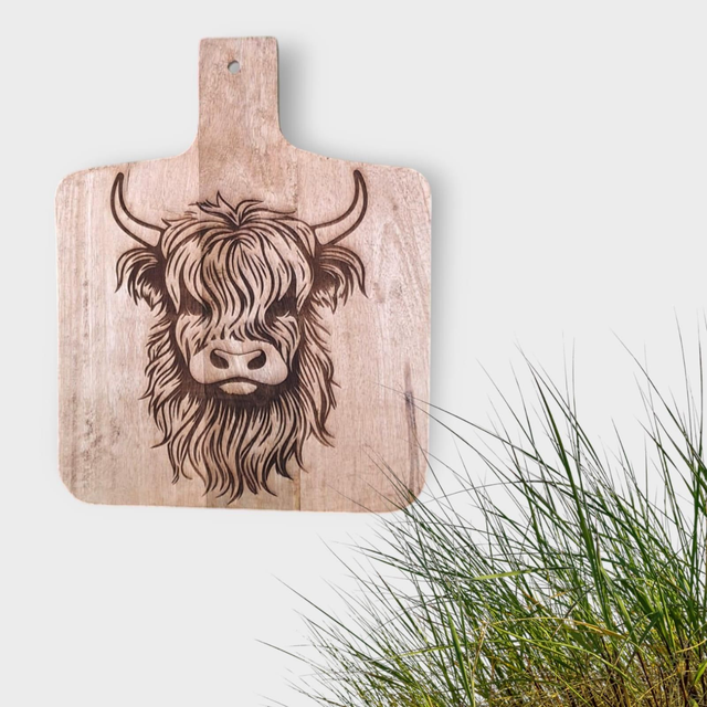 Mangohouten Borrelplank met Hooglander Kop nr 2